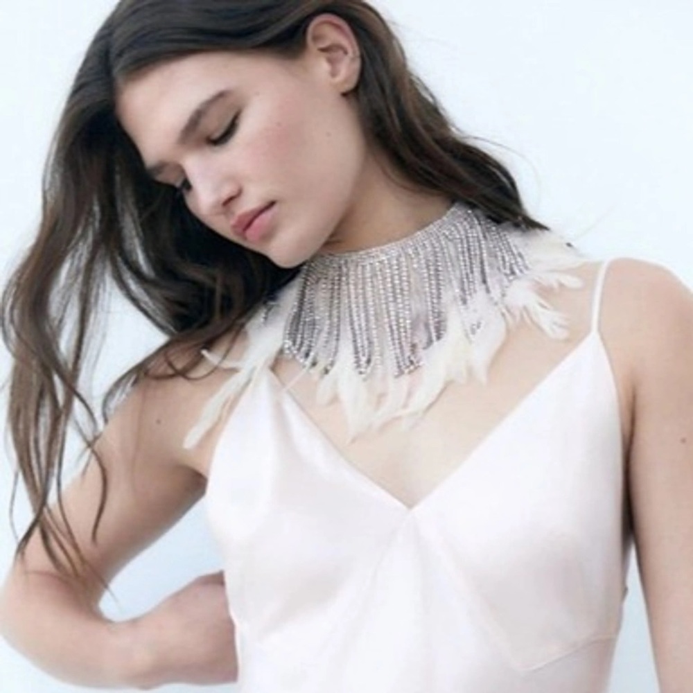 ZARA RHINESTONE FRINGE WITH FEATHERS CHOKER BLOGGER FAVORITE